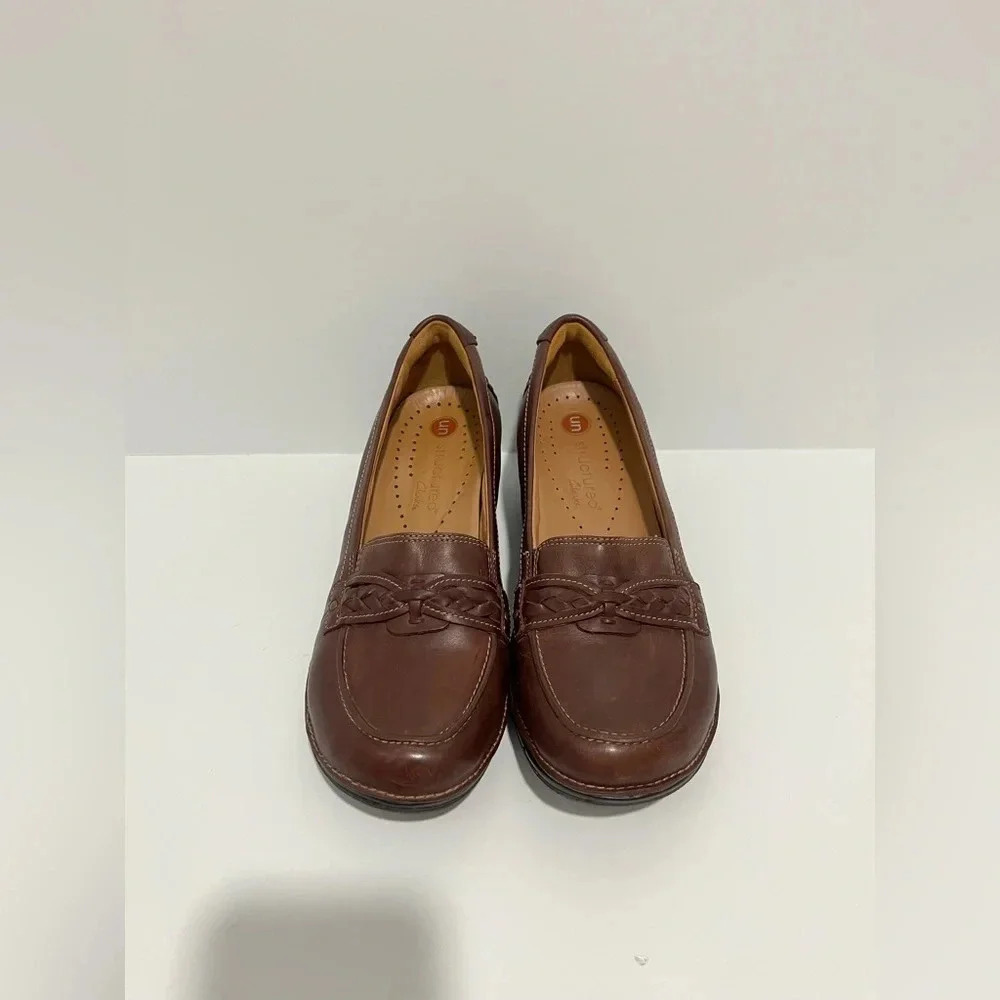Clarks Unstructured Brown Leather Dress Casual Slip On loafers Heels Women's 9.5 - Picture 2 of 12